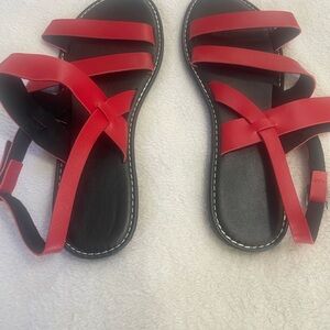 Women's Red Strappy Flat Sandals size 9. SKU 2966